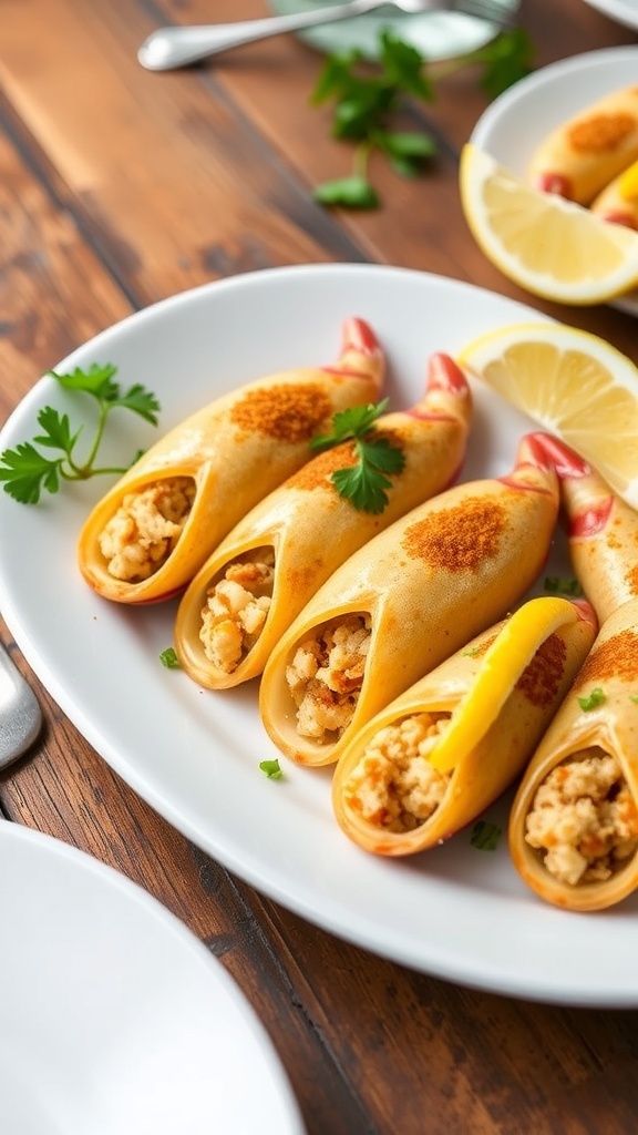 Stuffed squid filled with breadcrumbs and shrimp, garnished with parsley and lemon wedges on a white plate.